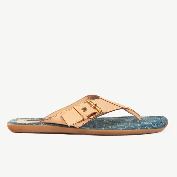 Louis Vuitton Natural Buckled-Leather & Monogram Denim Thong Sandals - Picture 2 of 11